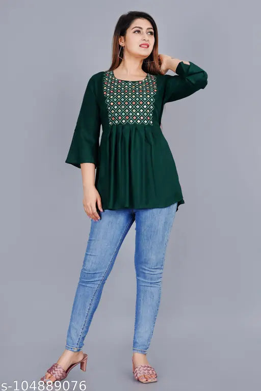Handwoven Rayon Tunic Top for Women - Embroidered, Bottle Green, India