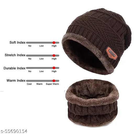 Brown woolen unisex beanie cap set with neck warmer (India), premium quality soft fur winter wear for all