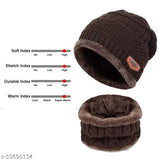 Brown woolen unisex beanie cap set with neck warmer (India), premium quality soft fur winter wear for all