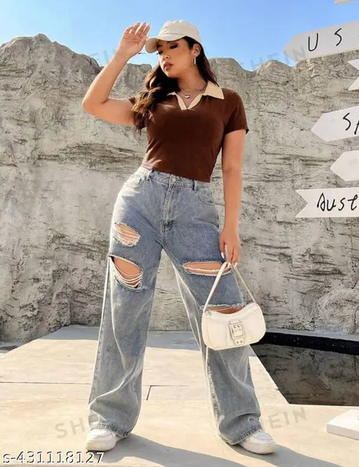 Glitsy Crop Top Women's Short Knit T-shirt, V-neck & Polo Collar-Blocked, Slim Fit, Suitable For Summer/Autumn,School, Outdoor Sports, Indoor Leisure,Business Daily Matching