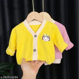 Yellow cotton blend front button cardigan for infants, perfect for boys or girls. Vibrant colors, easy to put on/off with long sleeves and regular fit. Hand wash only. Made in China