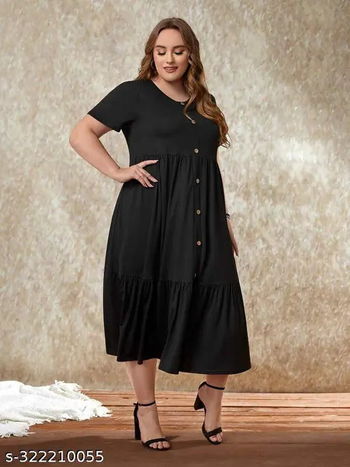Black, short, buttoned-up front kurta dress with puffy sleeves
