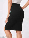 Polyester pencil bodycon skirt for fancy women, solid color, waist size 32in, length 26in