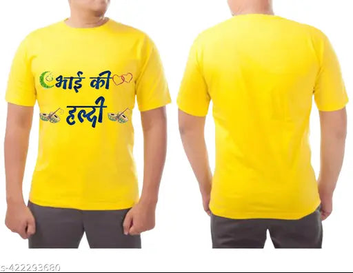 Brother Yellow Cotton Blend Haldi T-Shirt, ideal for marriage ceremonies. Unisex, bright yellow, comfortable fit. Made in India