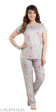Digital printed grey floral women's coord set, stylish satin nightdress and top payjama set with collar, synthetic fabric
