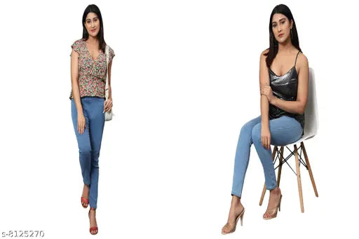 AngelFab Denim Broad belt Skinny Fit Stretchable High Waist Elastic Closer Ankle Length Solid Dxblue-Skyblue Jeggings for Women Pack Of 2