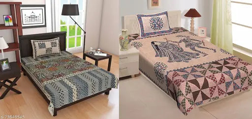 Blue Barmeri Chokada and Dandiya cotton flat sheets, superfine Jaipuri print, perfect for summer adult use, Made in India