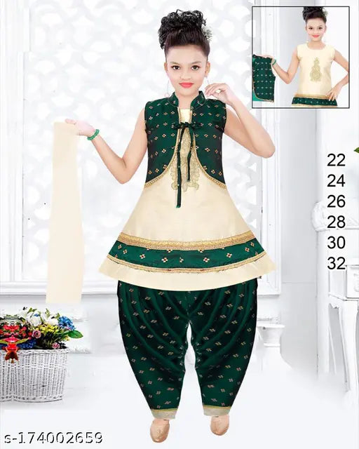 Green cotton blend embroidered patiala suit for girls by Hariyal Creation, size 3-4 years