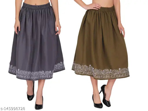 Crepe polyester, embroidered hem calf-length skirts (26, 28, 30, 32, 34 inches), India-made, set of 2 with elasticated belts