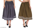 Crepe polyester, embroidered hem calf-length skirts (26, 28, 30, 32, 34 inches), India-made, set of 2 with elasticated belts