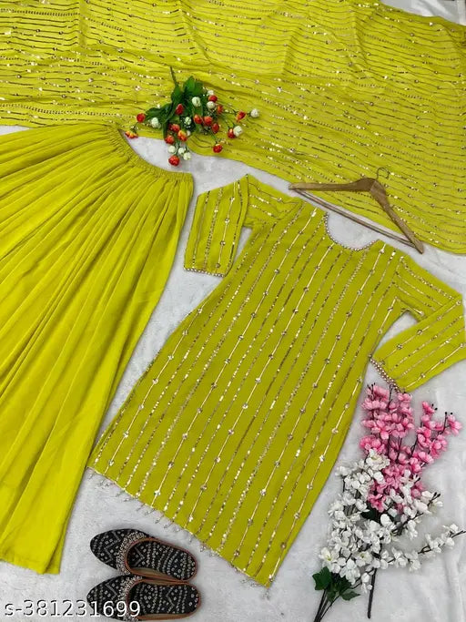 Yellow georgette with heavy sequin embroidery traditional ethnic attire complete look set