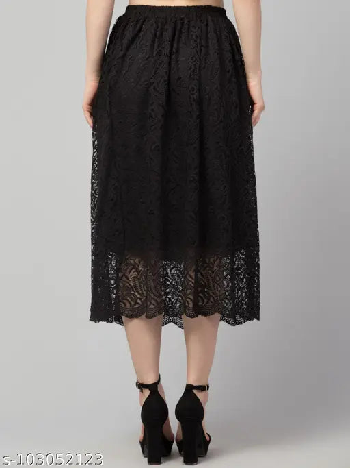 Black lacy mesh midi skirt, knee length