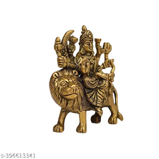 Yellow antique finish brass Goddess Durga idol (3 inches) for desk, car, and home decor