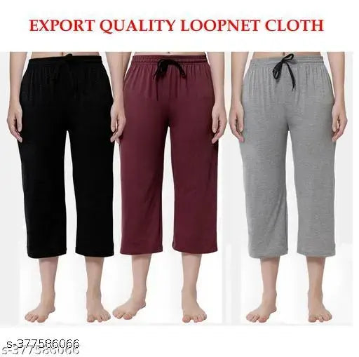 Women's solid cotton Capri pant (34), premium bio-wash elasticated fit for sportswear and relaxation