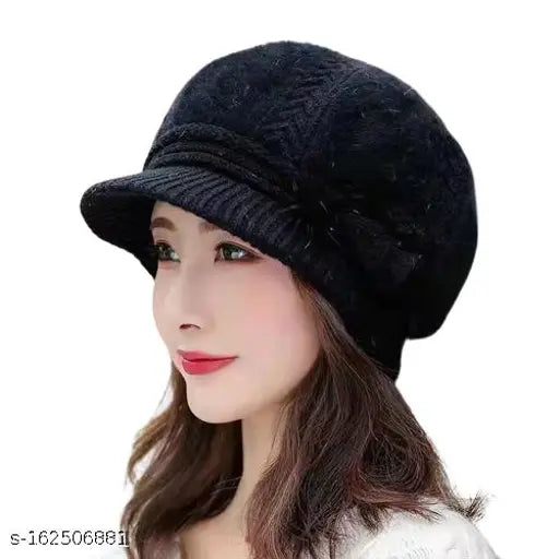 Angora tie cap for women, black, pack of 1