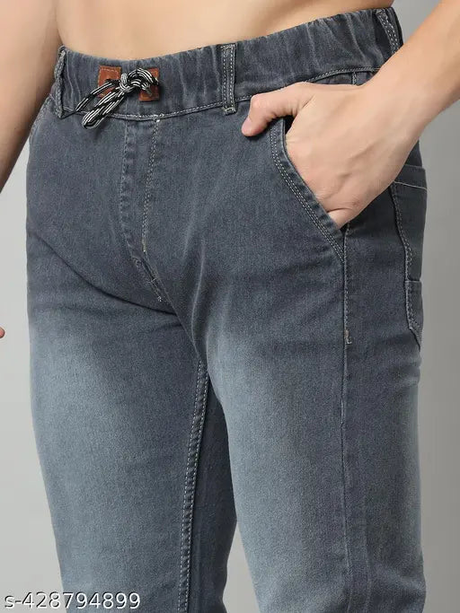 Classic Grey Denim Stretch Jogger Jeans for Men, monkey wash shade, size 26 (waist 28in, length 39in, hip 34in), made in India