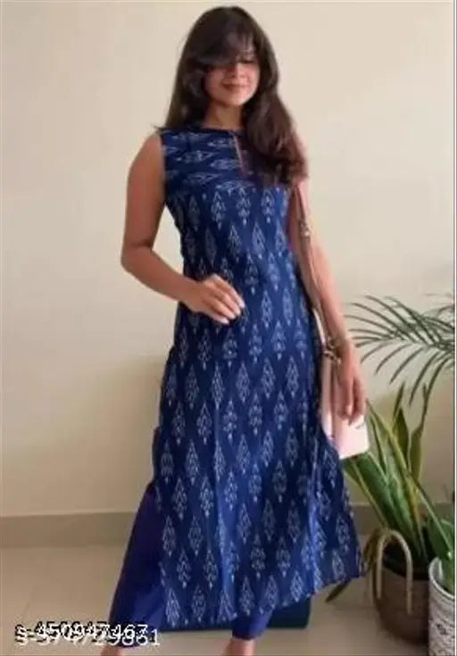 Blue cotton sleeveless fashionable kameez for women, unstitched for tailoring