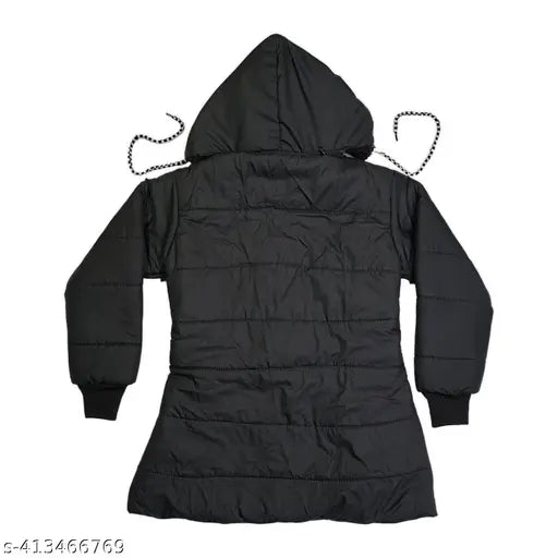Regular fit girls' hoodie jacket, black color, full sleeve, cap pullover style, winter wear