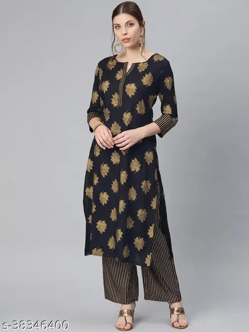 Navy Blue Rayon Printed Kurta & Palazzo Set - Trendy, Lightweight, Indian Women's Fashion