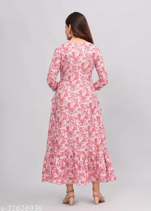 Rayon printed Anarkali with long sleeves, featuring a beautiful golden print, available in various sizes from S to XXXL