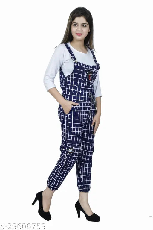 Women's cotton blend checked dungaree dress with three-quarter sleeves and stretchable lycra, newly trendy with damaged distress look. Blue dungarees perfect for casual weekends out. Made in India with stainless steel lock
