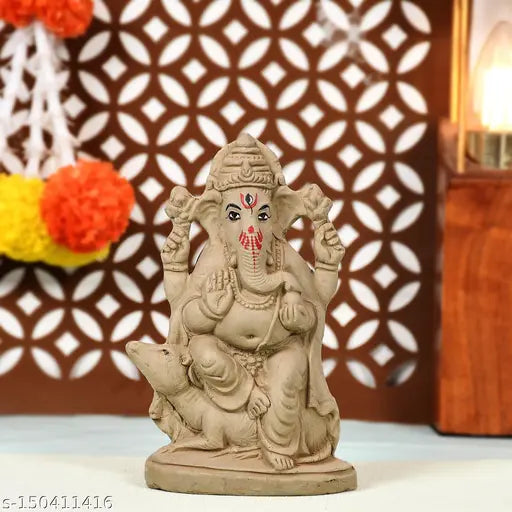 EcoFriendly Mud Ganesha Idol, beige color, handcrafted, 100+ flowers background.