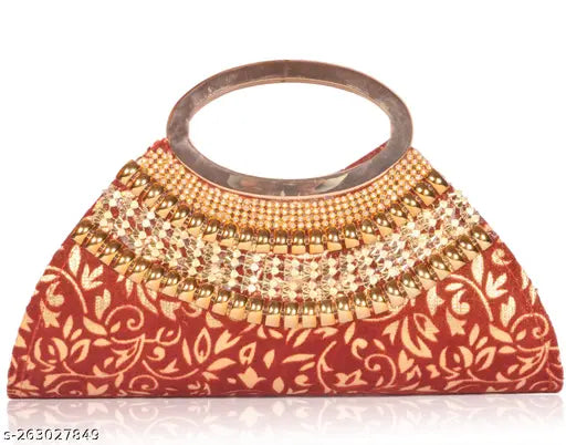 Aroy trendy women bridal clutch, red fabric with embroidered detailing
