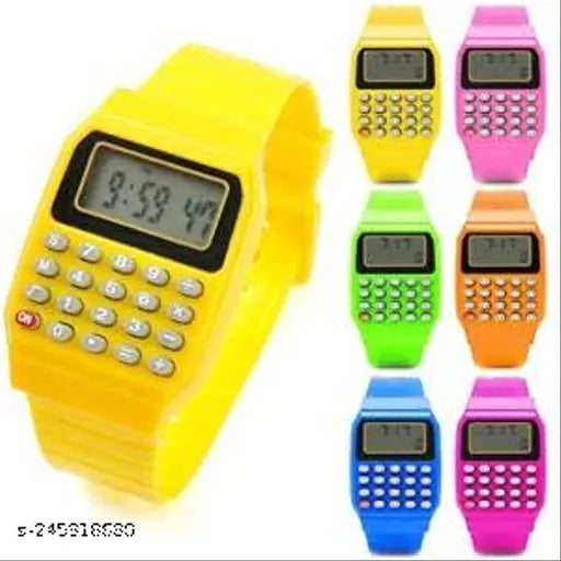 Multi-colored digital calculator watch, waterproof wristbands, with clear LCD screen and multiple buttons