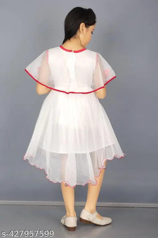 White lace dress with red trim, short sleeve