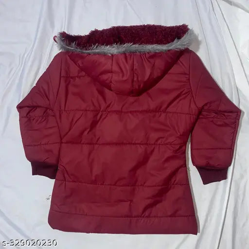 Red puffy coat with hood and zip closure