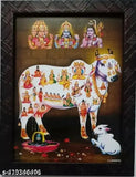 Acrylic religious art print: Hindu deities Bharma, Vishnu, Shiva blessing Kamdhenu cow and calf, India origin 9x12 inches frame