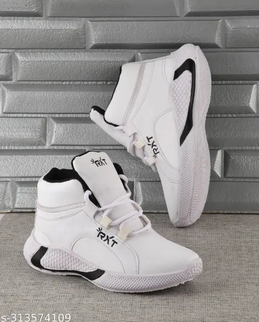 White and black sports sneakers, laced up design, breathable mesh material, suitable for casual walking and playtime for young boys or children