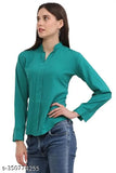 Jade green poly crepe formal top with notched neckline and full cuff sleeves for women