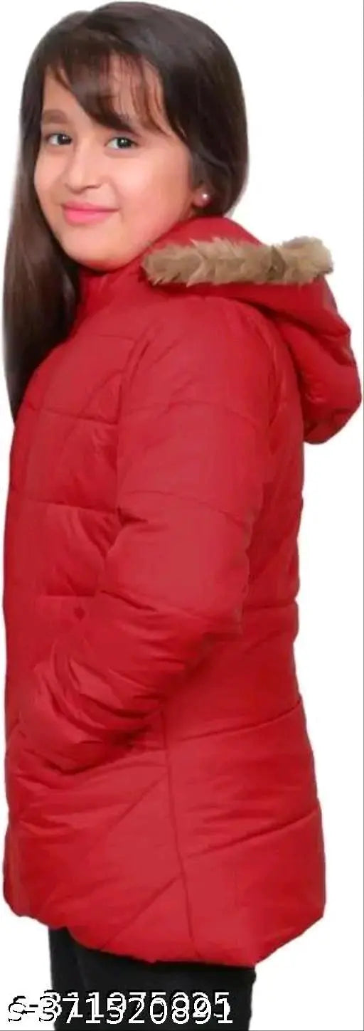 Red padded coat with hood, girl posing, latest kids' fashion