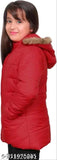 Red padded coat with hood, girl posing, latest kids' fashion