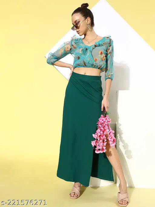 Teal, front, slit skirt with solid fabric