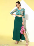Teal, front, slit skirt with solid fabric
