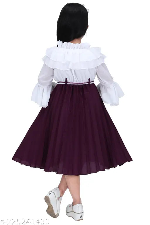 Maroon and white full-sleeve chiffon dress with ruffled neck, decorative buttons, attached belt, back opener, and elastic waistband - ideal for girls' party wear (India)