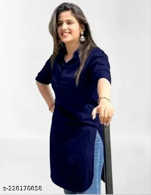 Blue rayon V neck kurti with regular slits