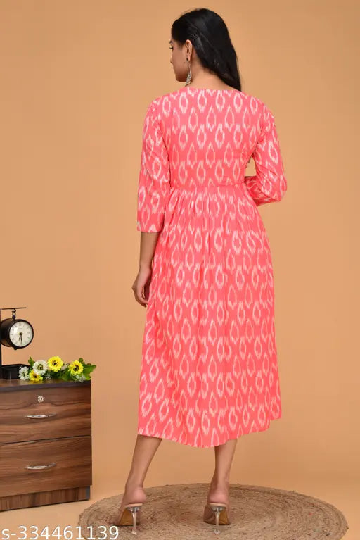Peach Viscose Rayon Printed Maternity Kurti with Invisible Zippers - Comfortable, versatile nursing dress for pre- and post-pregnancy, India origin