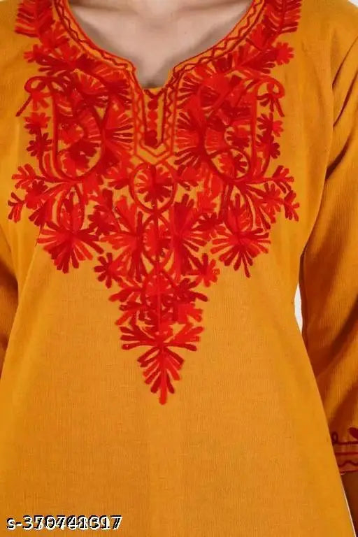 Orange embroidered traditional long kurta with detailed floral pattern and straight cut neckline