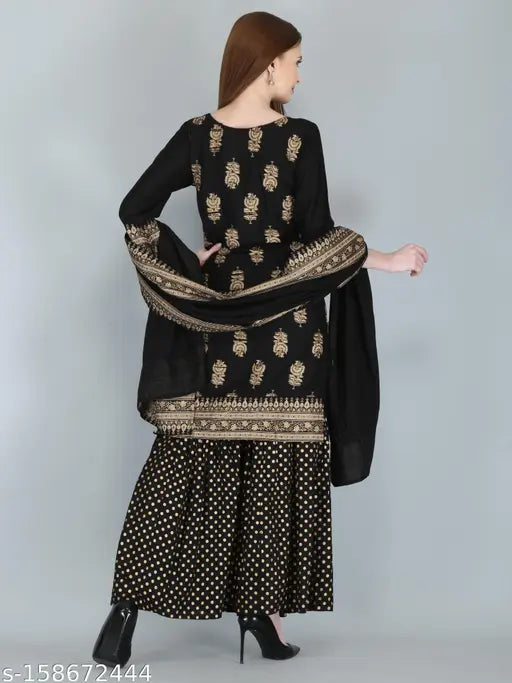 Black rayon festive gharara kurta and dupatta set, long skirt style