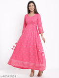 Pink rayon Anarkali dress by Kipek, featuring three-quarter sleeves and vibrant printed combo. Sizes: S (36in bust, 52in length), M (38in bust, 52in length), L (40in bust, 52in length), XXL (44in bust, 52in length). Indian ethnic wear for daily outfits