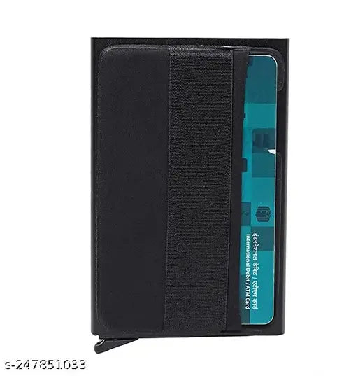 Black aluminum unisex card wallet with 4 compartments, printed pattern. Free-size (10x10 cm), made in India