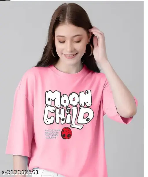 Oversized biowash NV cotton printed T-shirt for women, 3/4 length sleeves