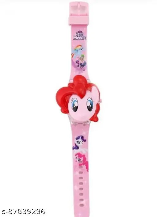 Pink digital watch with unicorn design, LED lights, and music feature