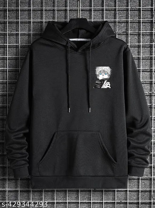 Black fleece oversized round neck t-shirt hoodie, Benny Brooks Men's Gojo printed Anime design, long sleeves