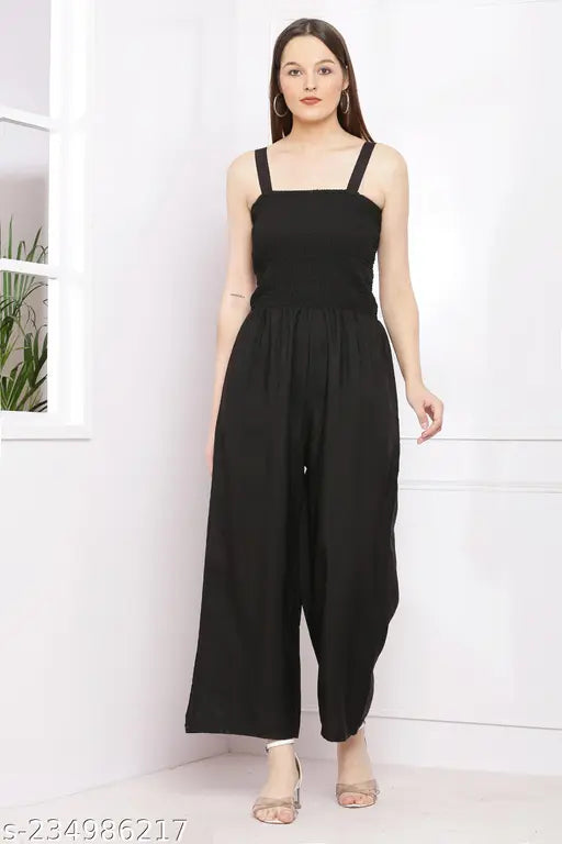 Black color women's solid 2-piece jumpsuit set in crepe fabric, short sleeves, available in sizes S, M, L, XL