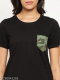 Black cotton T-shirt with army print, unisex pyjama set
