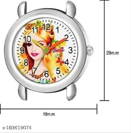 A Barbie analog watch with a free pink band, suitable for kids, featuring Barbie on the face
